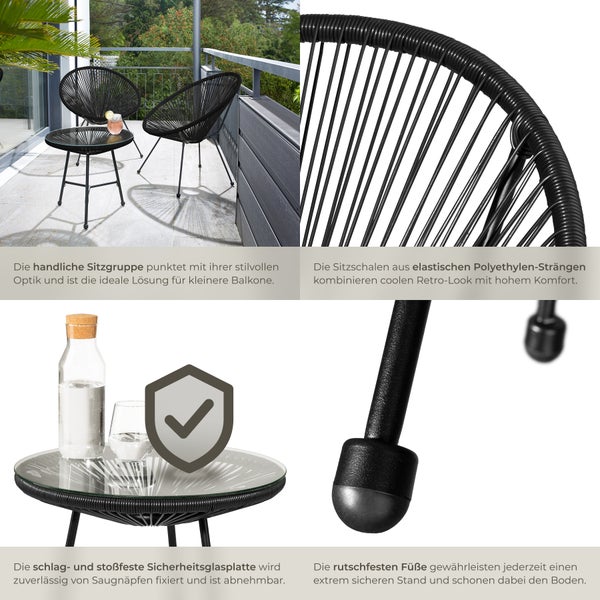 2 Gartenstühle Santana mit Tisch tectake  Belastbarkeit Stuhl 120 kg Retro-Design im Acapulco-Stil schwarz