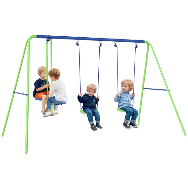 Outsunny Schaukelgestell Outdoor Schaukelgerüst mit 2 Schaukeln, Wippe, Kinderschaukel mit Metallgestell, verstellbarem Seil Gartenschaukel für Kinder, Grün