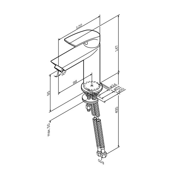 Technische Zeichnung einer Waschtischarmatur mit Maßangaben