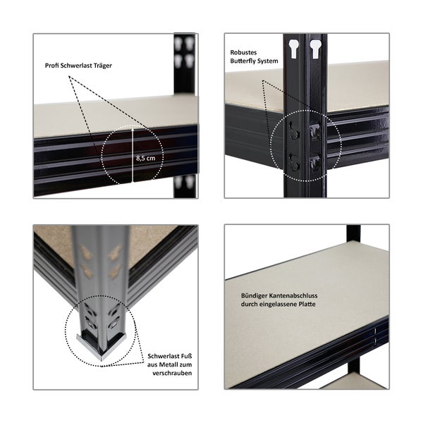 PROREGAL Mega Deal 4x Profi Schwerlastregal Rhino HxBxT 180 x 200 x 60 cm 4 Spanplatten-Ebenen 8mm Fachlast 500 kg Schwarz