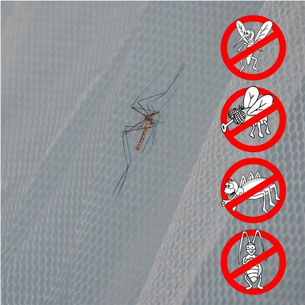 Moskitonetz mit einer Mücke und Piktogrammen, die Insektenabwehr darstellen
