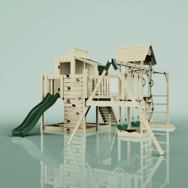 Spielplatz aus Holz mit Rutsche, Schaukeln, Kletterwand und Spielhaus