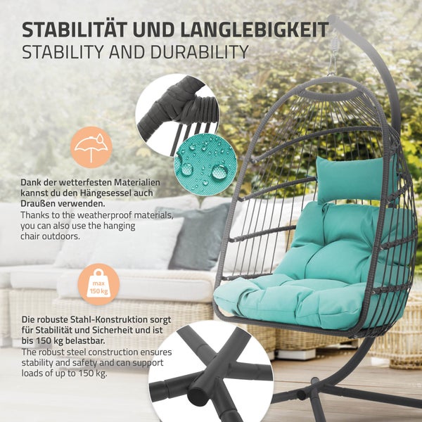 ECD Germany Hängesessel mit Gestell und Kissen + Deckenhalterung, Türkisgrün, Rattan-Optik, Stahl, höhenverstellbar & faltbar, Indoor/Outdoor, Hängestuhl Hängekorb Hängeschaukel Hängesitz, für Garten