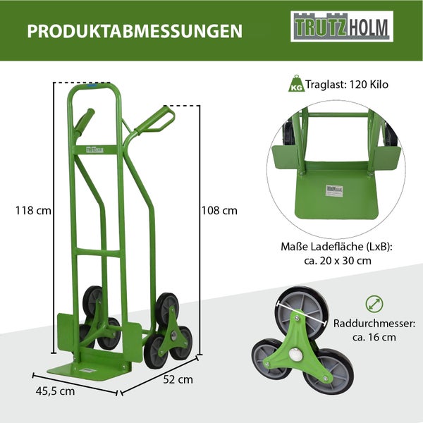 Treppenkarre pannensicher Stahl 120 kg 118 cm hoch mit Sicherheitsgriffen Treppensackkarre in grün