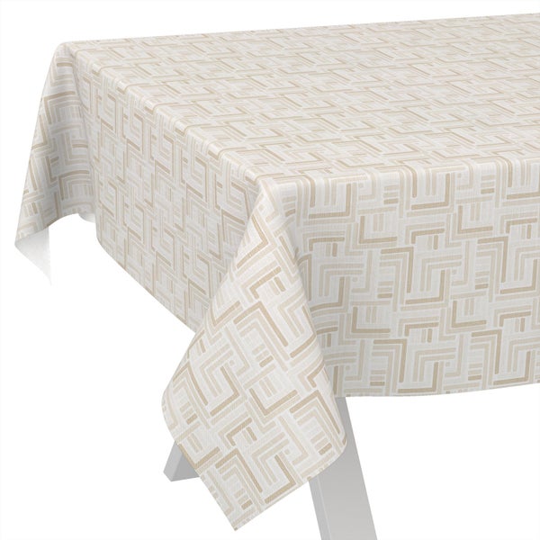Eckige Wachstuch-Tischdecke mit beigem geometrischem Muster.