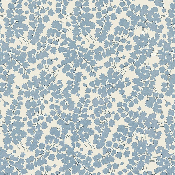 Tapete mit einem Muster aus filigranen Farnblättern und Pflanzenzweigen in einem wiederkehrenden Design für eine natürliche Wandgestaltung
