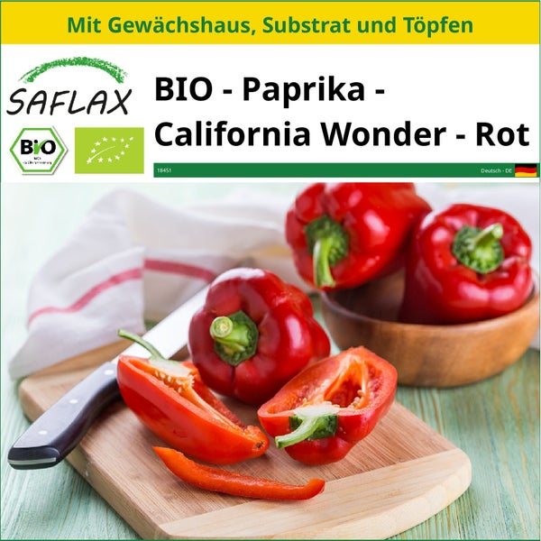 SAFLAX Anzucht Set - BIO - Paprika - California Wonder - Rot - Capsicum annuum - 20 Samen - Mit Mini-Gewächshaus, Anzuchtsubstrat und 2 Töpfen