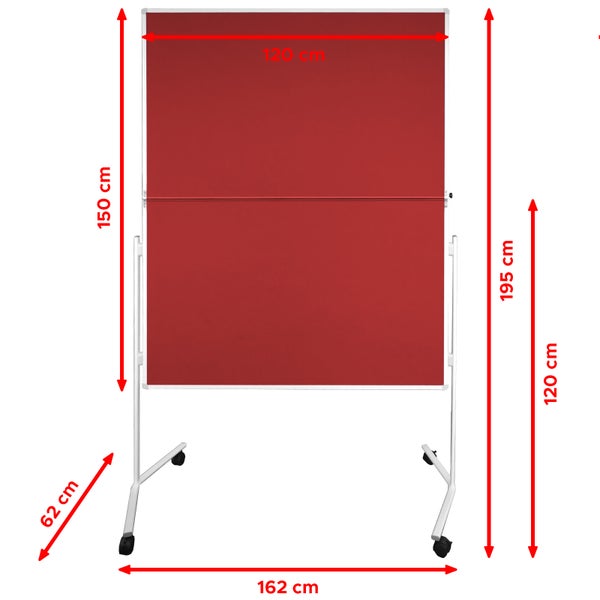 Moderationstafel FOLD - klappbare Metaplanwand mit Filz-Oberfläche - mobil dank Rollen - beidseitig nutzbar - Filz-Moderationswand 120x150 cm - Rot