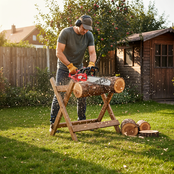 Ein Mann sägt im Garten mit einer Kettensäge einen Baumstamm auf einem Holzbock.