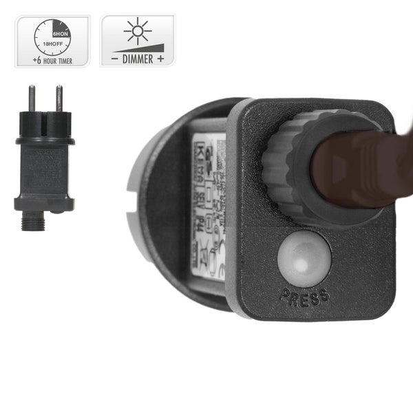 Transformator für Lichterkette mit Timer Funktion und Dimmfunktion sowie Stecker für den Außenbereich mit Schutzart IP44.