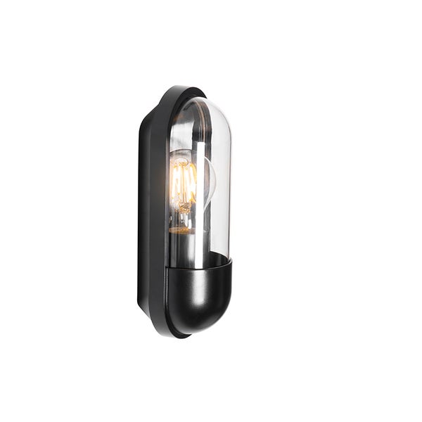 Schwarze Außenwandleuchte in ovaler Form mit klarem Glas und sichtbarem Filament-Leuchtmittel.