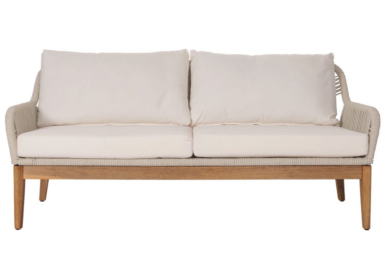 2-Sitzer Gartensofa mit Holzgestell, Seilgeflecht an den Seiten und hellen Sitz- und Rückenkissen.