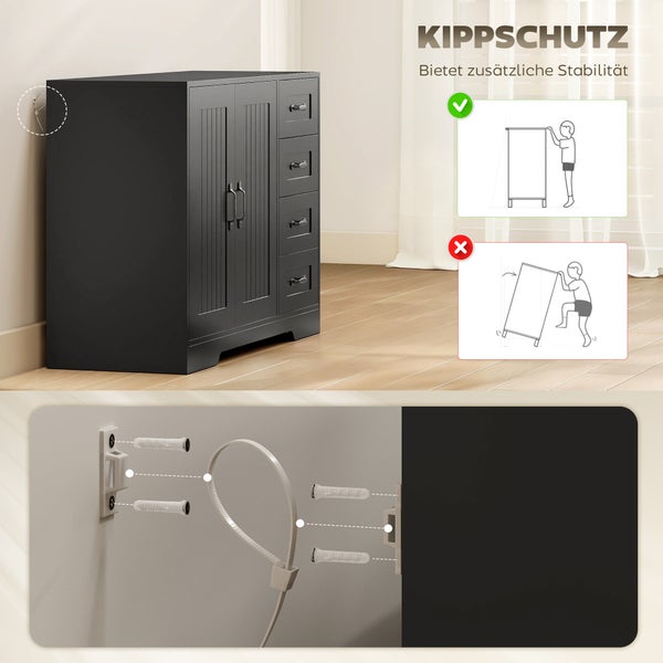 Schwarzer Badezimmerschrank mit Kippschutz, Illustration zeigt Wandmontage mit Befestigungsband für mehr Stabilität und Sicherheit.