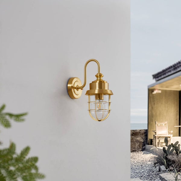 Lindby Wandleuchte außen (Laterne) Adalie (spritzwassergeschützt (Landhaus, Vintage Rustikal) in Gold / Messing aus Edelstahl (1 flammig E27) - Außenwandleuchten Wandlampe Led Außenlampe Outdoor
