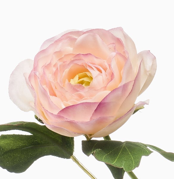 Künstliche Ranunkel aus Textil in Rosa und Weiß mit zwei grünen Blättern.
