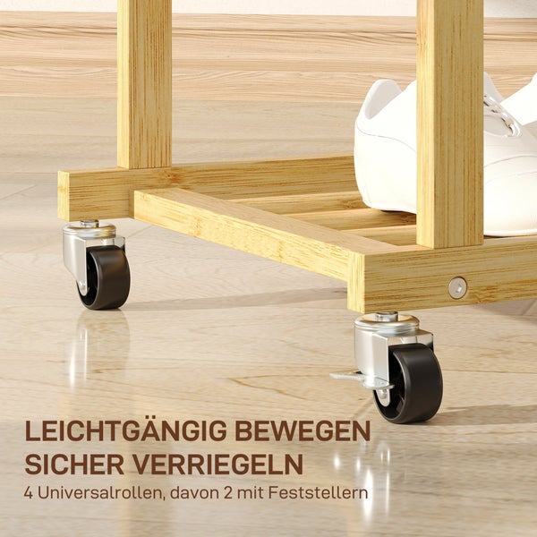 Holzregal mit vier Universalrollen, davon zwei mit Feststellbremse für einen sicheren Stand.