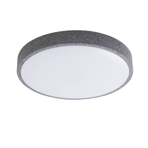 Runde Deckenleuchte mit dunkelgrauem Filzrand und weißer Kunststoffabdeckung.