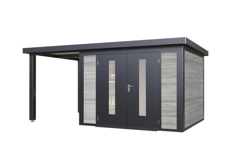 Modernes Gartenhaus mit integriertem Schleppdach und Doppeltür mit Glaseinsätzen, aus Holz und Metall gefertigt.