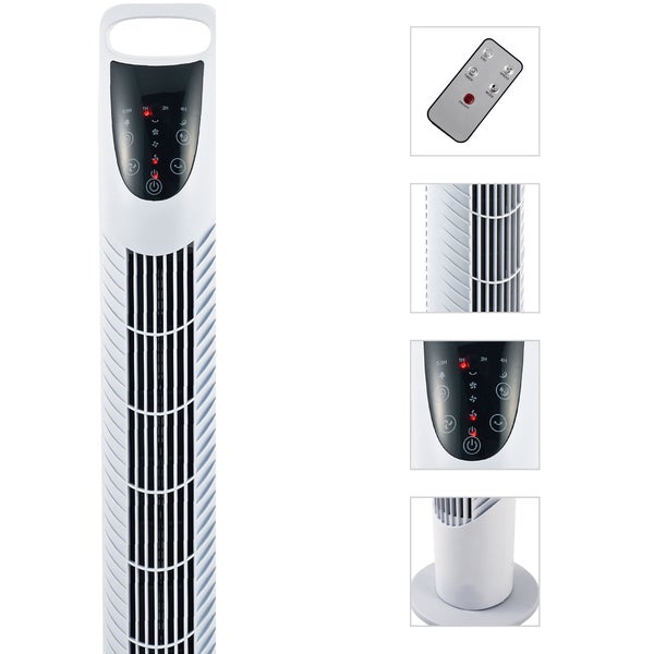 Weißer Turmventilator mit Fernbedienung, digitalem Bedienfeld, verschiedenen Geschwindigkeitsstufen und Timer-Funktion.