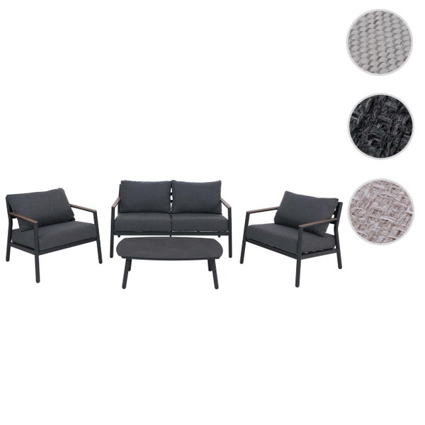 Vierteiliges Garten-Lounge-Set aus Metall mit 2-Sitzer Sofa, zwei Sesseln, Couchtisch, Holzarmlehnen und drei Stoffmustern.