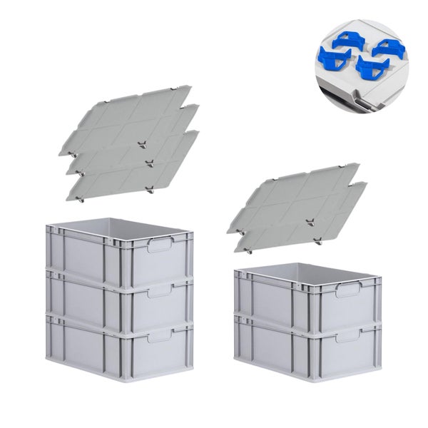 PROREGAL Spar Set 5x Eurobox Nextgen Economy Mit Auflagedeckel & 4x Schiebeschnappverschlüsse Blau Griffe Geschlossen HxBxT 22 x 40 x 60 cm 44 Liter