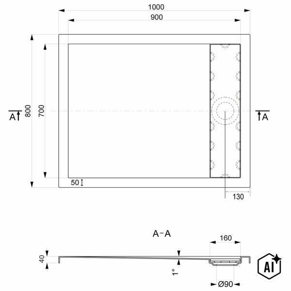 Technische Zeichnung einer Duschwanne 1000 mal 800 Millimeter mit Ablaufposition und Schnittansicht.