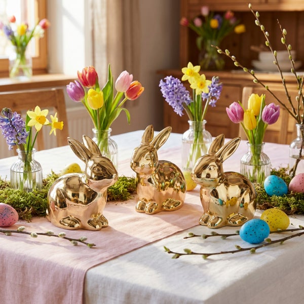 Drei glänzende Osterhasen aus Keramik als Tischdekoration mit frischen Frühlingsblumen, Moos und bunten Ostereiern auf einem gedeckten Tisch.