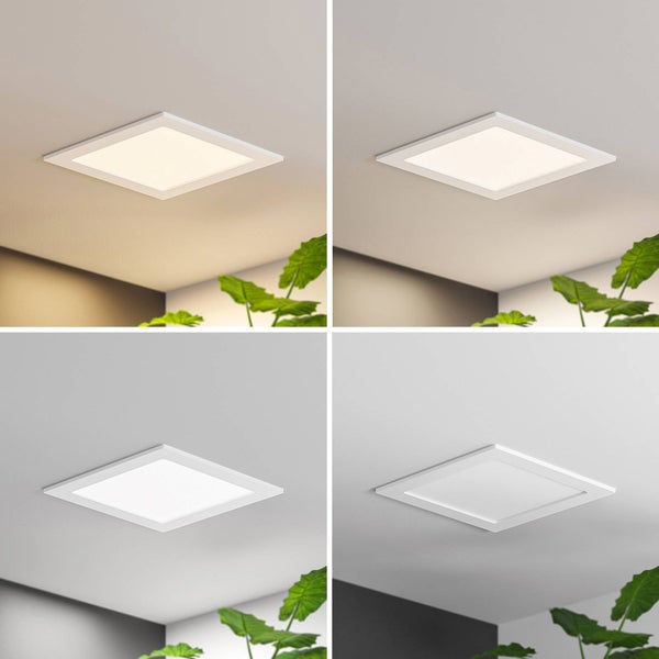 Quadratisches LED-Panel an der Decke mit vier Lichteinstellungen von warmweißem bis kaltweißem Licht.