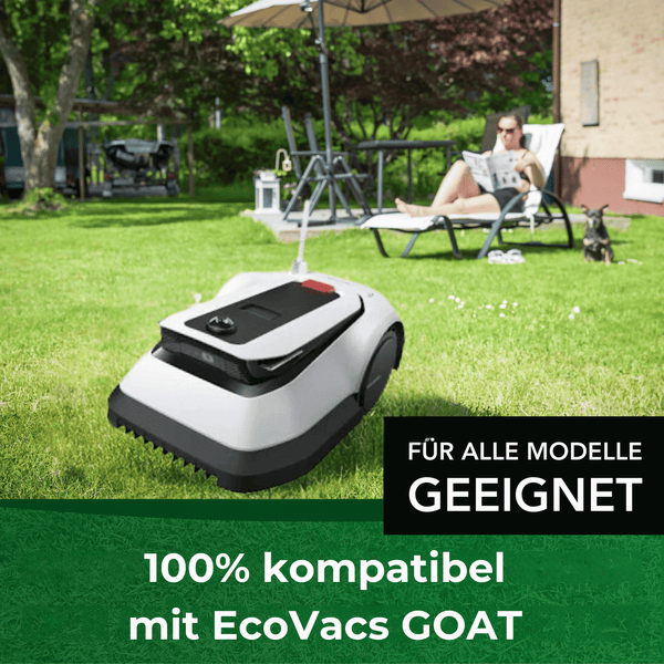 Rasenmähroboter im Garten mit entspannter Frau auf Liegestuhl und Hund, geeignet für alle Modelle EcoVacs GOAT.