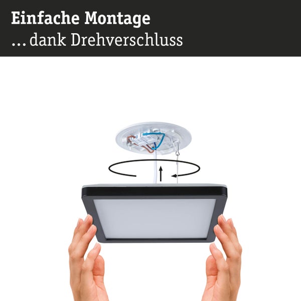 Einfache Montage eines quadratischen LED-Panels an der Deckenhalterung durch einen Drehverschluss.