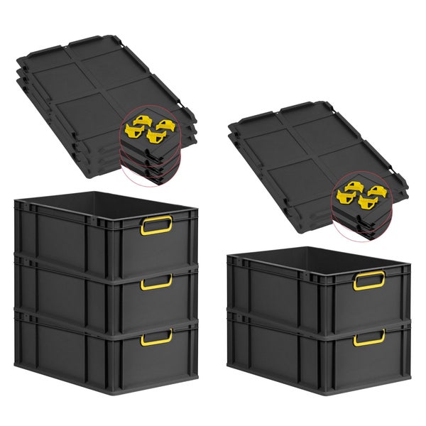 PROREGAL SparSet 5x Eurobox NextGen Color mit Auflagedeckel und Schiebeschnappverschlüsse, HxBxT 22x40x60cm, 44 Liter, Schwarz, Griffe gelb geschlossen, Verstärkter Boden, Eurobehälter, Transportbox, Transportbehälter, Stapelbehälter