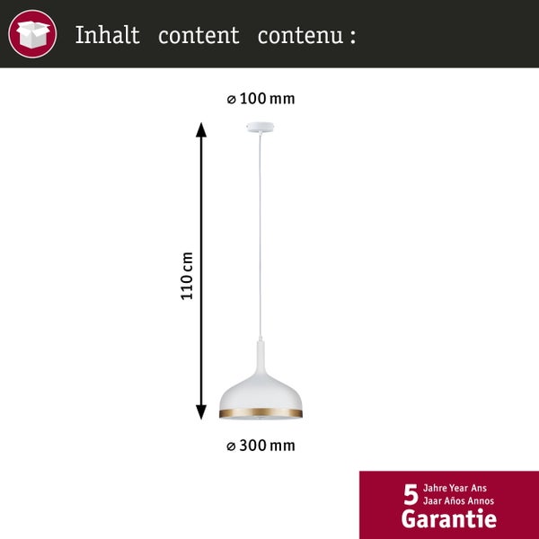 Pendelleuchte in Weiß mit Goldring. Höhe 110 Zentimeter, Schirmdurchmesser 300 Millimeter, Baldachindurchmesser 100 Millimeter. 5 Jahre Garantie.