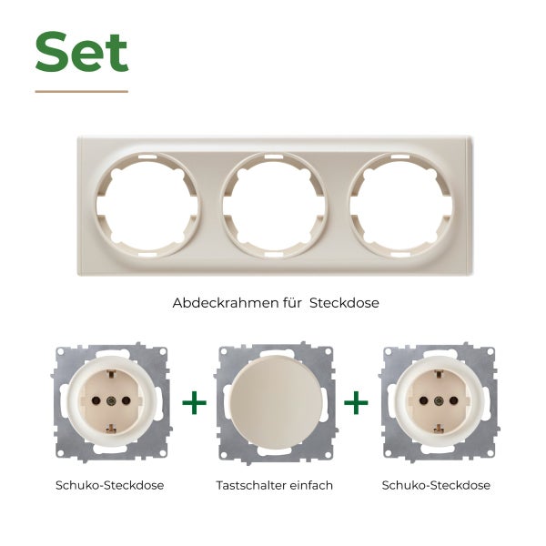 Set bestehend aus einem dreifachen Abdeckrahmen, zwei Schuko-Steckdosen und einem Tastschalter für die Unterputzmontage.