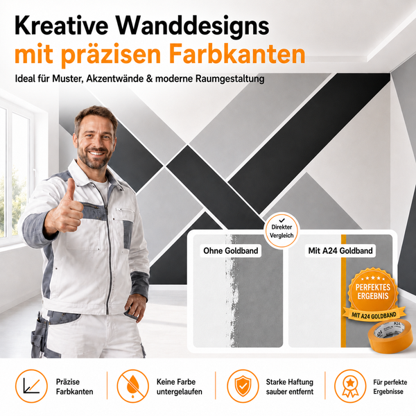 Maler vor Wand mit geometrischem Muster, Vergleich von präzisen Farbkanten mit Malerband A24 Goldband sowie Symbole für Produktvorteile.
