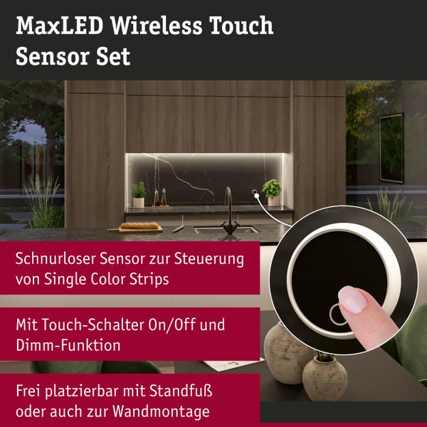 Paulmann MaxLED kabelloses Touch Sensor Set zur Steuerung von einfarbigen LED Streifen mit Dimmfunktion und Schalter in einer modernen Küche.