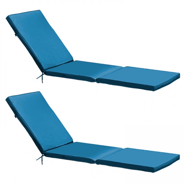 Zwei blaue Gartenliegen-Auflagen, dreiteilig klappbar für Sonnenliegen.