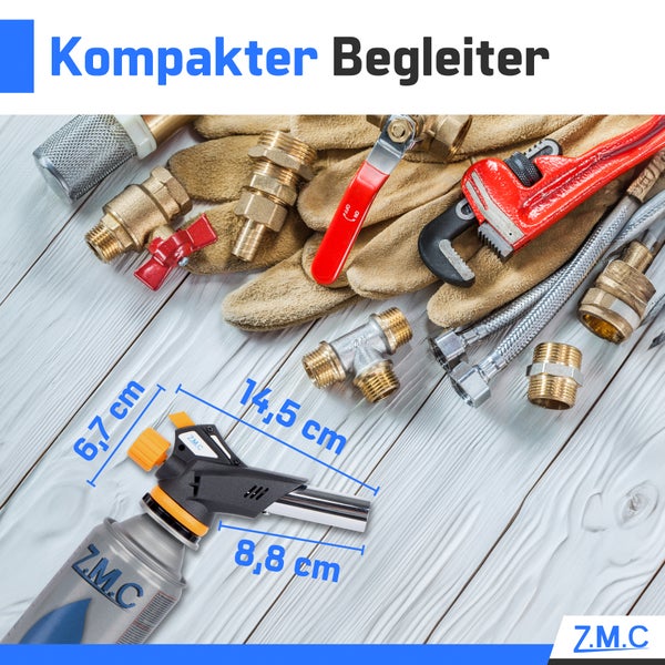 Z.M.C Gasbrenner 1,3kW + 4x Gaskartuschen 227g, Flambierbrenner, Temperatur bis zu 1300°C, Bunsenbrenner Lötbrenner mit Piezozündung, Küchenbrenner mit einstellbare Flamme, Abflammgerät