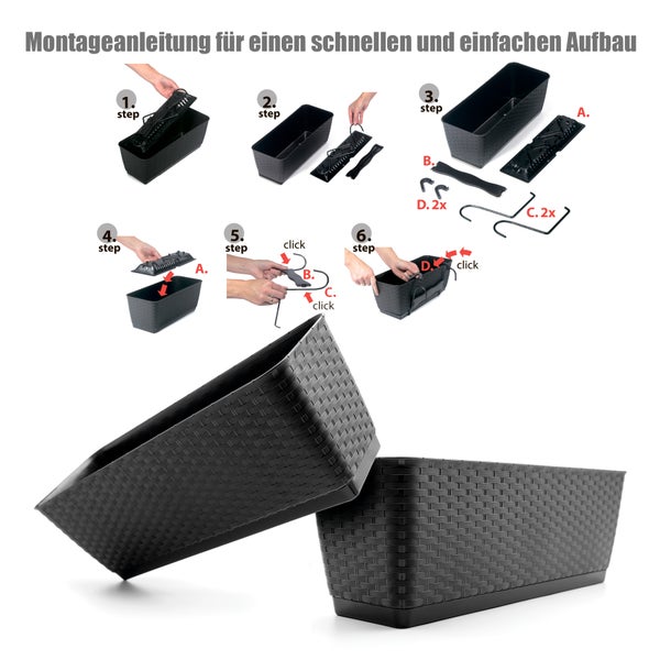BigDean Blumenkasten Balkon Rattan Optik in Anthrazit 60 cm Länge aus robustem & UV-beständigem Kunststoff – Balkonkasten mit Metall Halterung & Bewässungssystem – Made in Europe
