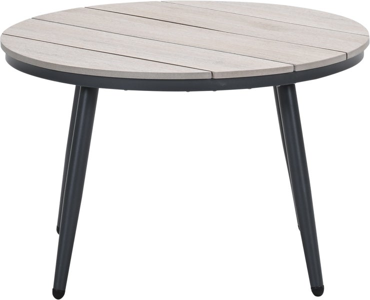 Runder Gartentisch mit einer Tischplatte aus Lamellen in Holzoptik und einem Metallgestell.