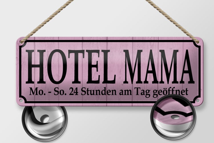 Blechschild Spruch 27x10cm Hotel Mama 24 Stunden am Tag Dekoration