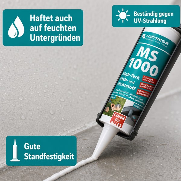 Hotrega MS 1000 High Tech Kleb und Dichtstoff Kartusche für innen und außen mit UV Beständigkeit und Haftung auf feuchten Untergründen