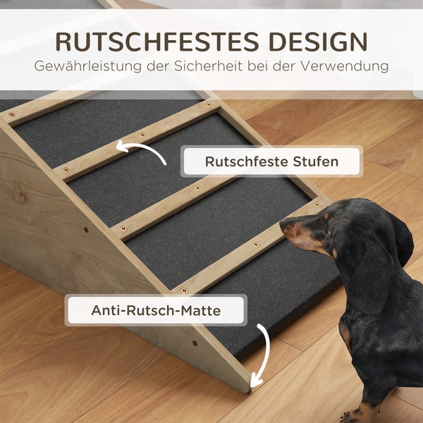 Hunderape aus Holz mit rutschfester Matte und Querstreben für sicheren Halt, neben einem Hund auf Holzboden.