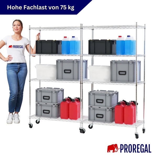 Zweiteiliges Drahtgitterregal auf Rollen von Proregal mit einer Fachlast von 75 Kilogramm pro Boden, beladen mit Lagerbehältern. Proregal Logo.