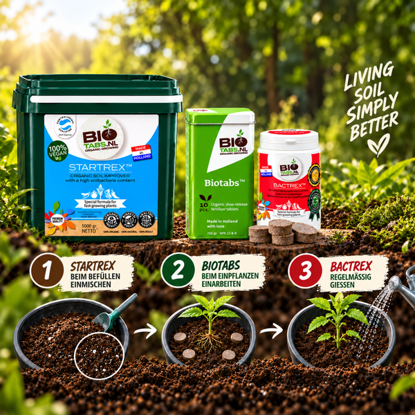BioTabs organische Düngemittel Produktset mit Startrex, Biotabs Tabletten und Bactrex Pulver inklusive Anwendungsanleitung für Pflanzen.