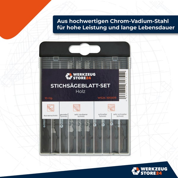 Werkzeugstore24 Stichsägeblatt Set für Holz, 10-teilig