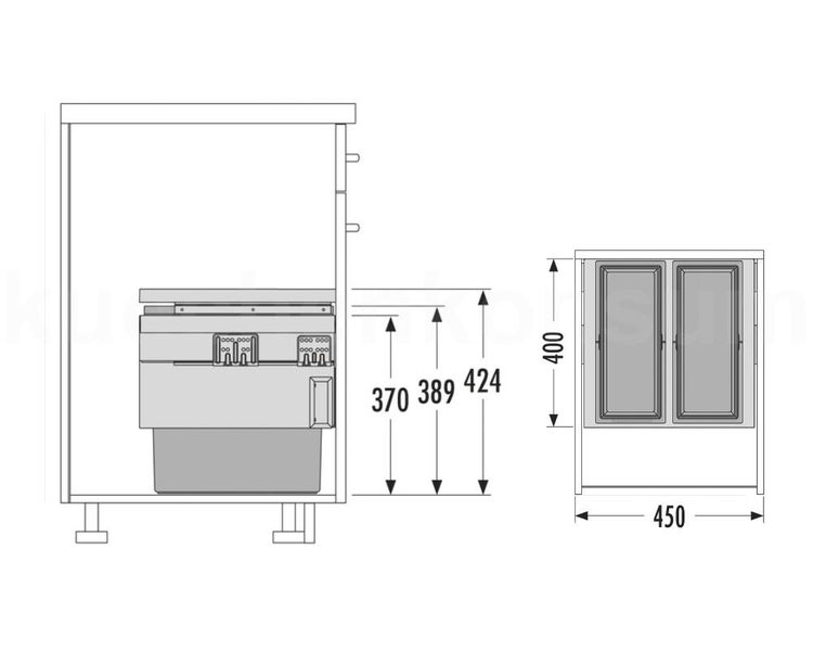 Technische Zeichnung eines Einbau-Abfalltrennsystems mit Maßangaben für die Höhe 370, 389, 424, 400 und die Breite 450.
