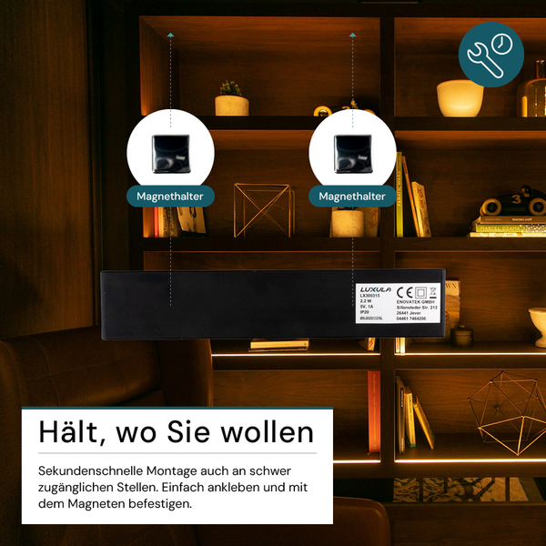 Magnetische LED-Leuchte zur flexiblen Montage an einem Regal mit magnetischen Halterungen