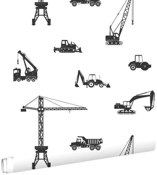 Abbildung verschiedener Baumaschinen auf einer Rolle