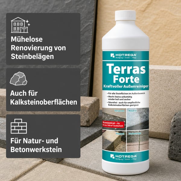Hotrega Terras Forte Kraftvoller Aussenreiniger Flasche fuer Steinbelaege, Kalkstein, Naturstein und Betonwerkstein fuer den Aussenbereich.