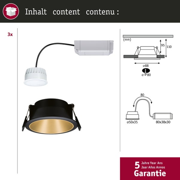 3er-Set LED-Einbaustrahler in Schwarz und Gold mit technischer Zeichnung, Maßen in Millimetern und 5 Jahren Garantie.